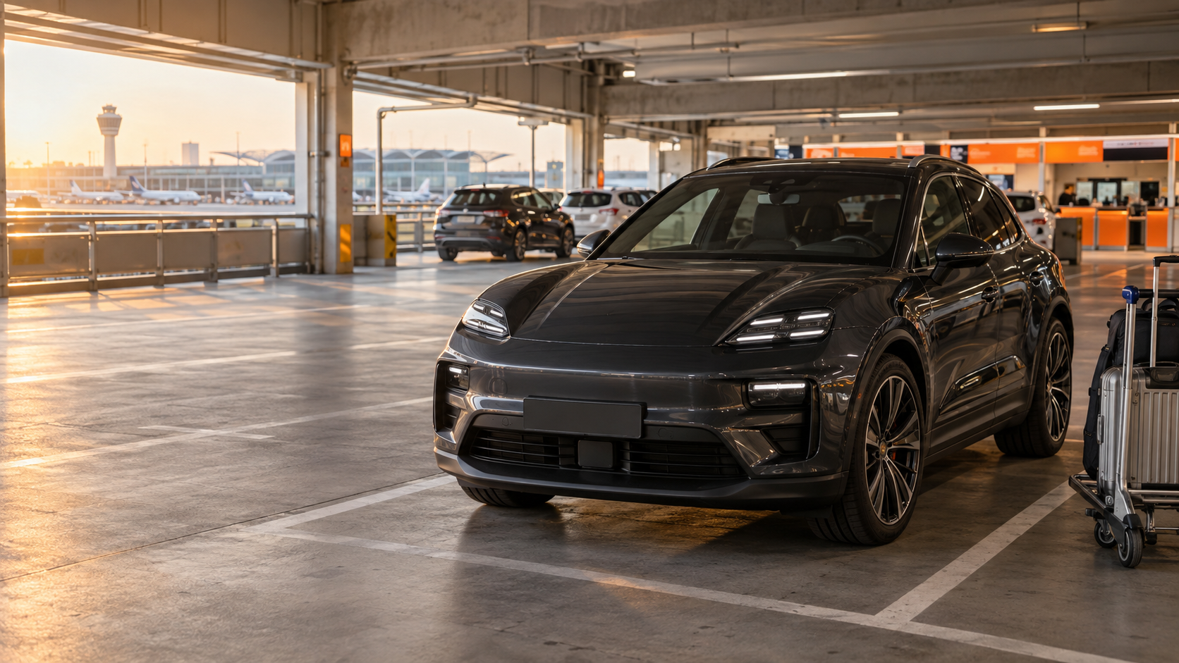 生成AIによる代替イメージ:ミュンヘン空港のレンタカー駐車場とプレミアムEV